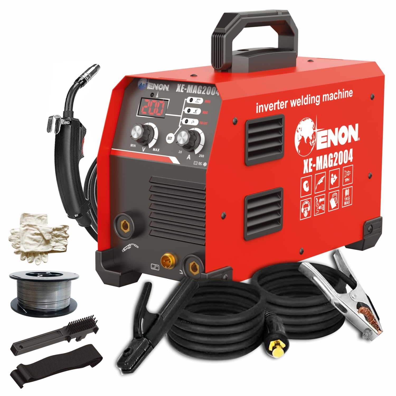 ENON Inverter Welding Machine 200 amp MAG/MMA/TIG Lift140-1KG, (Advanced IGBT) Single Phase Power Welder, 8200W, Hot Start, ARC Force, Anti-Stick, Portable, DIY Welder Machine (XE-MAG2004) ENON Inverter Welding Machine 200 amp MAG/MMA/TIG Lift140-1KG, (Advanced IGBT) Single Phase Power Welder, 8200W, Hot Start, ARC Force, Anti-Stick, Portable, DIY Welder Machine (XE-MAG2004)
